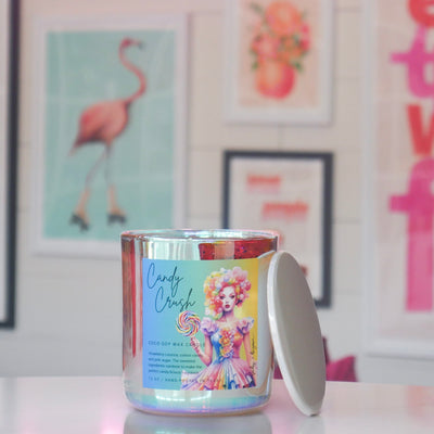 Candle with a colorful label, titled 'Candy Crush'. 