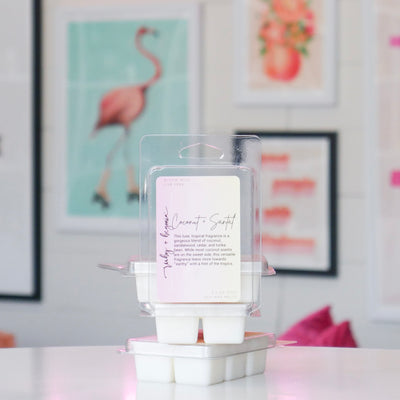 Packaged wax melts with a pink label, titled 'Coconut & Santal'.
