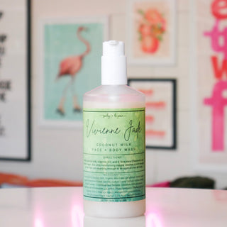 Bottle of Face & Body Wash with a green label, titled Vivienne Jade.