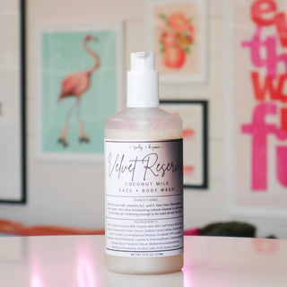 Bottle of face + body wash labeled 'Velvet Reserve'.