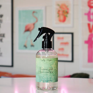 Room & linen spray bottle with green label, titled Vivienne Jade