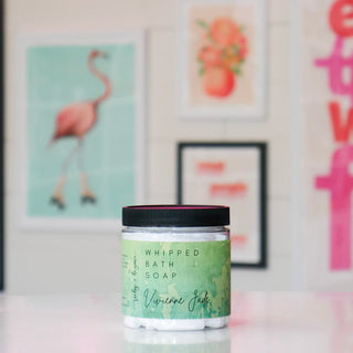 Jar of Whipped Bath Soap with a green label, titled Vivienne Jade.