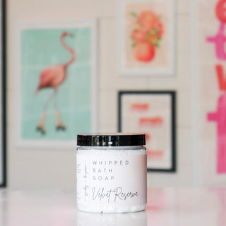 Jar of whipped bath soap labeled 'Velvet Reserve'.