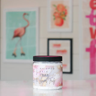 Jar of whipped bath soap with a floral design, labeled Yours Truly.
