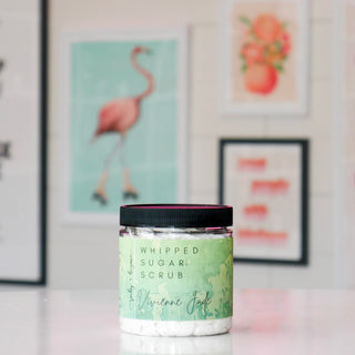 Jar of Whipped Sugar Scrub with green label, titled Vivienne Jade. 