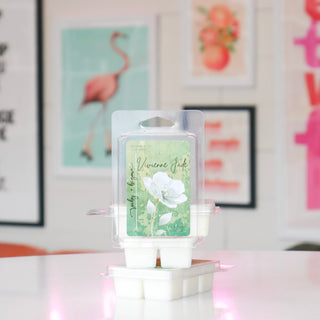 Packaged wax melts with green floral label, titled Vivienne Jade.
