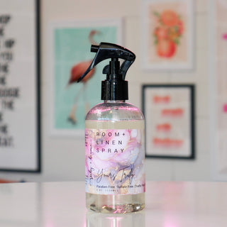 Room and linen spray bottle with floral design, labeled Yours Truly. 
