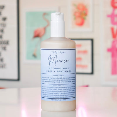 Coconut milk face & body wash with a light blue label, titled 'Monaco'. 