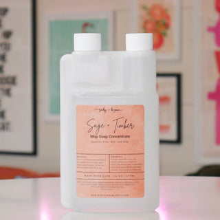 Mop soap concentrate with a brown label, titled 'Sage & Timber'. 