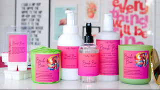 Collection of Beach Body products on a shelf with decorative elements in the background.